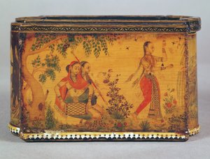 Målad och lackad låda med elfenbensfransar, Deccani, c.1660 (papiermache) (se även 99496)